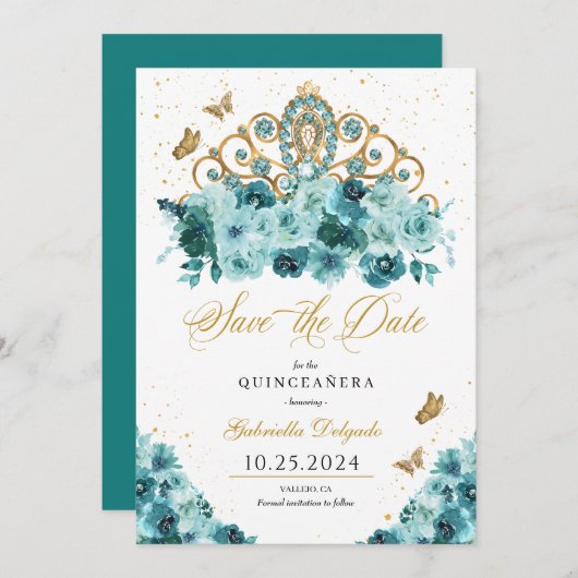 Aquamarin & Gold Tiara Save the Date Quinceañera Einladung (Vorne/Hinten)