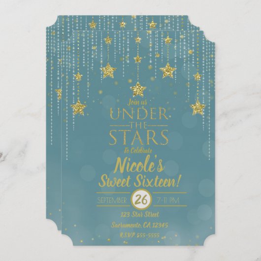 Aquamarin & Gold unter den Sternen Starry Sweet 16 Einladung (Vorne/Hinten)