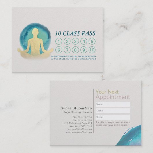 Aquamarin & Gold Wasserfarbe YOGA Class Pass Termi Treuekarte (Vorne/Hinten)