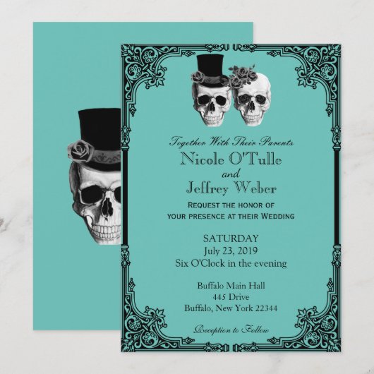 Aquamarin Goth Sugar Skull Einladung (Vorne/Hinten)