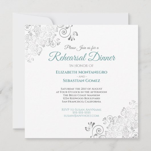 Aquamarin & grau Elegante Hochzeit Probe Dinner Einladung (Vorderseite)