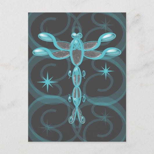 Aquamarin, grau, gläserne Libelle mit Sternen Postkarte (Vorderseite)