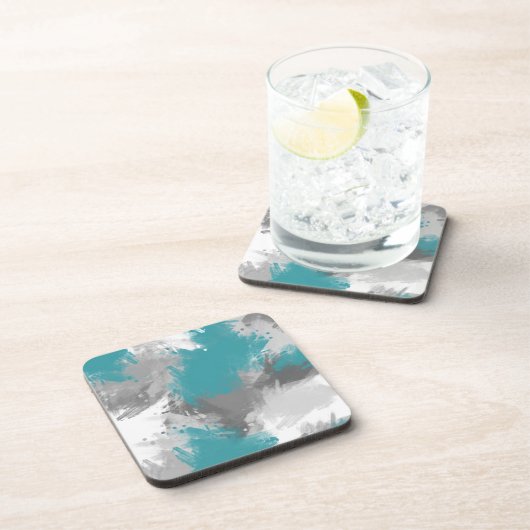 Aquamarin Graue Abstrakte moderne Pinselstriche Getränkeuntersetzer (Rechte Seite)