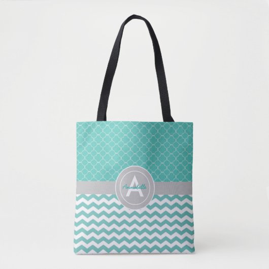 Aquamarin Graue Zickzack Quatrefolie Tasche (Vorderseite)