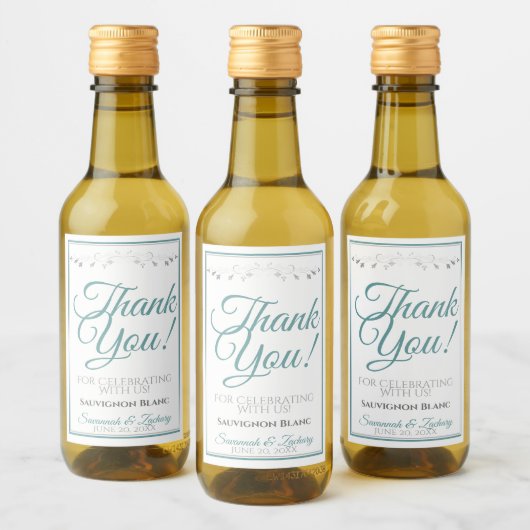 Aquamarin & gray Elegant Wedding Danke Mini Weinetikett (Flaschen)