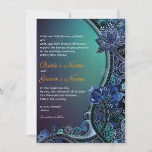 Aquamarin Green Blue Paisley Lotus Luxe Indian Wed Einladung