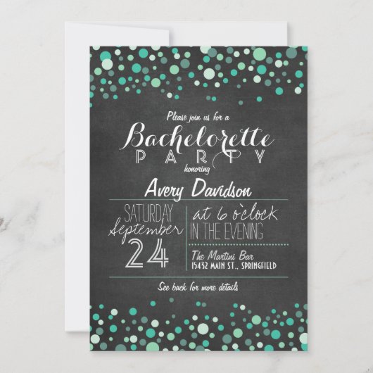 Aquamarin Green Confetti Chalkboard Junggeselinnen Einladung (Vorderseite)