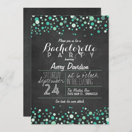 Aquamarin Green Confetti Chalkboard Junggeselinnen Einladung (Vorne/Hinten)