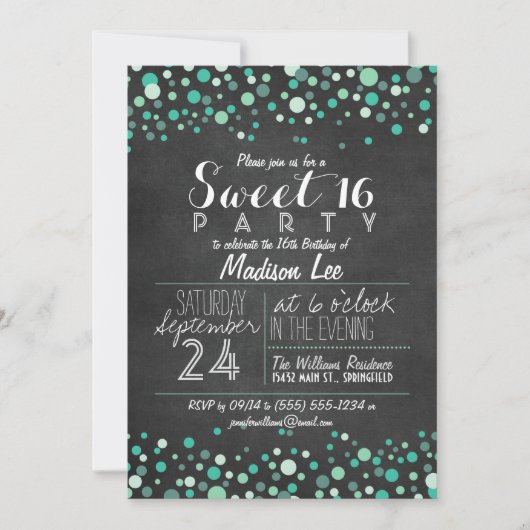 Aquamarin Green Confetti Chalkboard Sweet 16 Party Einladung (Vorderseite)