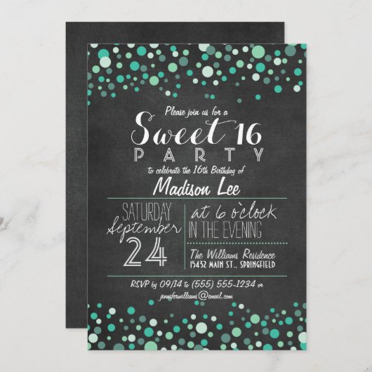Aquamarin Green Confetti Chalkboard Sweet 16 Party Einladung (Vorne/Hinten)
