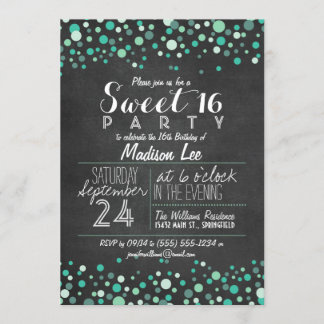 Aquamarin Green Confetti Chalkboard Sweet 16 Party Einladung