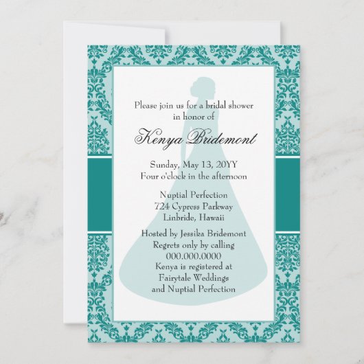 Aquamarin Green Damask Bridal Dusche Einladung (Vorderseite)