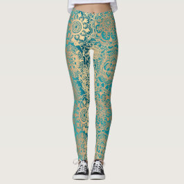 Aquamarin Green und Gold Boho Mandala Pattern Yoga Leggings