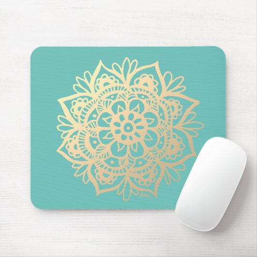 Aquamarin Green und Gold Mandala Blume Mousepad (Mit Mouse)