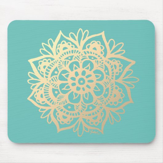 Aquamarin Green und Gold Mandala Blume Mousepad (Vorne)