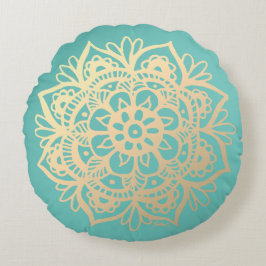 Aquamarin Green und Gold Mandala Blume Rundes Kissen