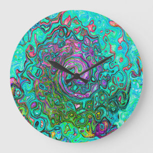 Aquamarin Groovy Abstrakter Retro Flüssigkeitswirb Große Wanduhr