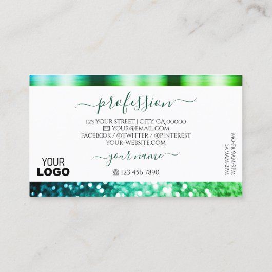Aquamarin-grün glänzender Glitzer und Logo in grel Visitenkarte (Rückseite)