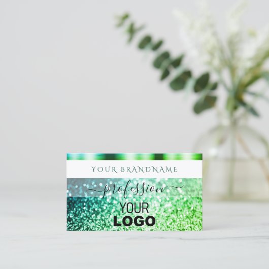 Aquamarin-grün glänzender Glitzer und Logo in grel Visitenkarte (Stehend Vorderseite)