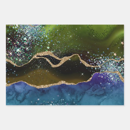 Aquamarin & grün/Gold Glitzer Peacock Agate Geschenkpapier Set (Vorderseite 2)