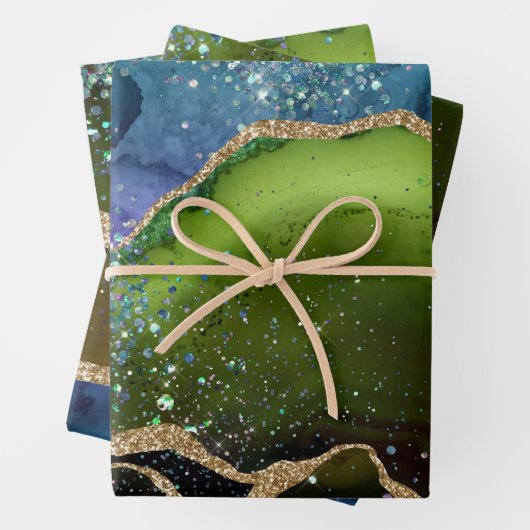 Aquamarin & grün/Gold Glitzer Peacock Agate Geschenkpapier Set (Beispiel)