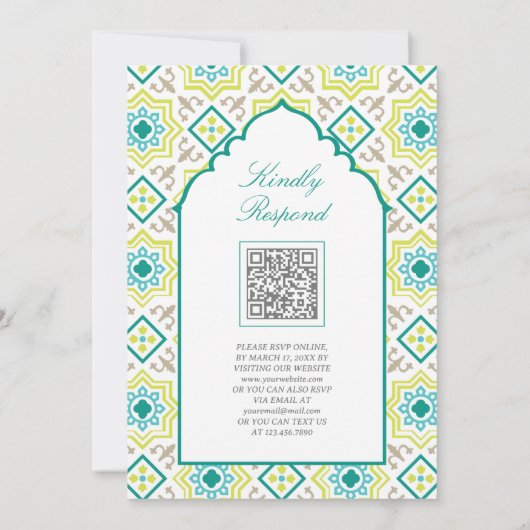 Aquamarin-grüne persische Mosaik-QR-Code für musli Einladung (Rückseite)