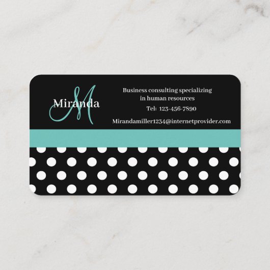 Aquamarin-grüner Monogramm-Schwarz-weiß-Polka-Dot Visitenkarte (Rückseite)