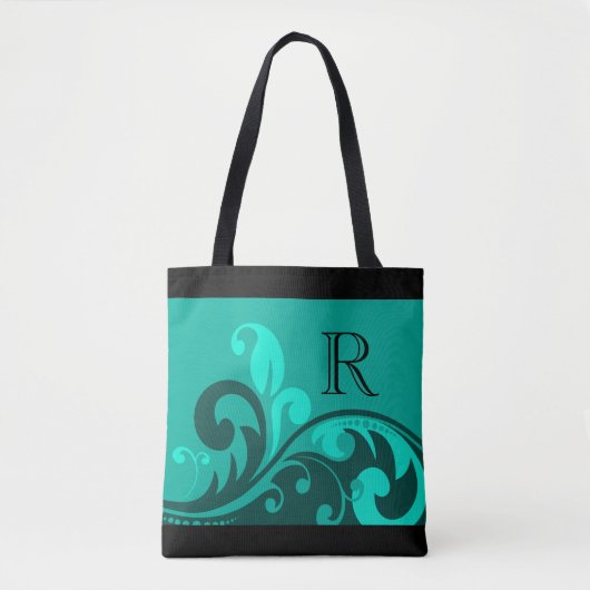 Aquamarin-grünes Blüh-Design mit Monogramm Tasche (Vorderseite)
