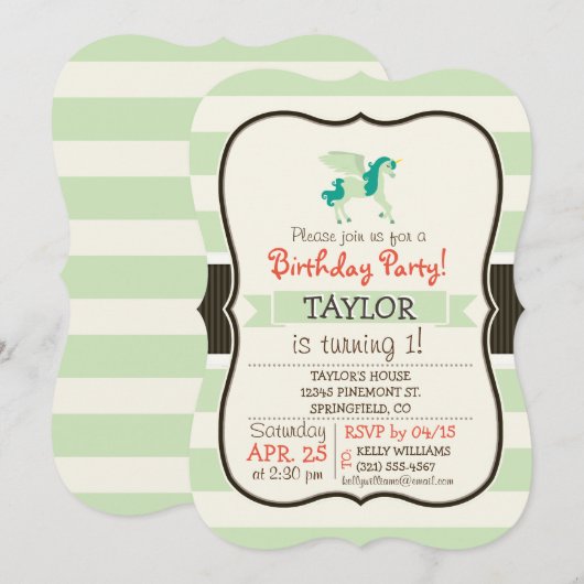 Aquamarin- & hellgrünes Einhorn Einladung (Vorne/Hinten)