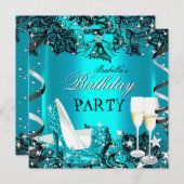 Aquamarin High Heel Champagne Black Lace Geburtsta Einladung (Vorne/Hinten)