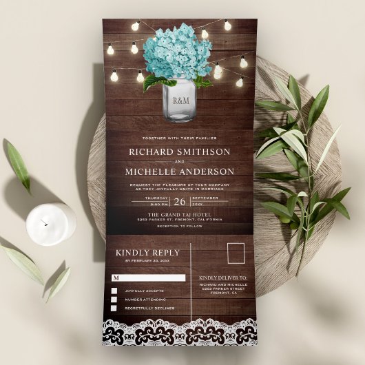 Aquamarin Hydrangea Mason Jar String Lights Hochze Dreifach Gefaltete Einladung