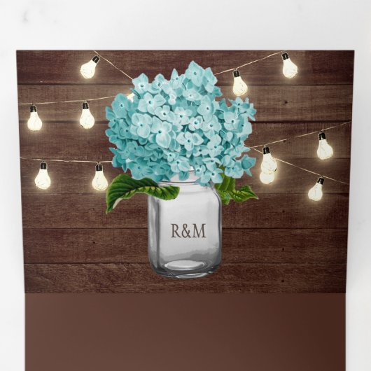 Aquamarin Hydrangea Mason Jar String Lights Hochze Dreifach Gefaltete Einladung (Innen Erste Seite)