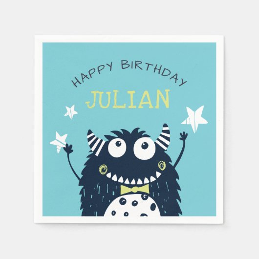 Aquamarin | Kleines Monster Personalisierte Geburt Serviette (Vorderseite)