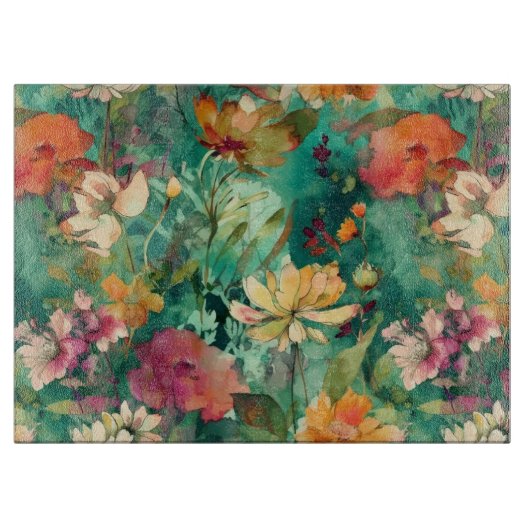 Aquamarin, Korallen und Mauve Modernes Kunstglas Schneidebrett (Vorderseite)