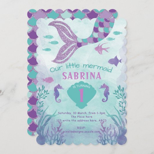 Aquamarin, Lila, Glitzer, Meerjungfrau, Mädchen Ge Einladung (Vorne/Hinten)