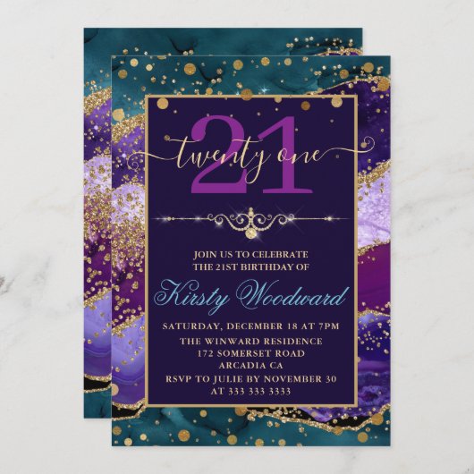 Aquamarin & Lila & Imitats Gold Glitzer Agate Gebu Einladung (Vorne/Hinten)