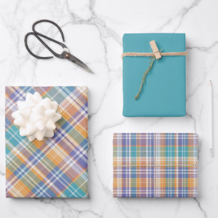 Aquamarin, Lilac, Apricot und Weiß Kariert Geschenkpapier Set