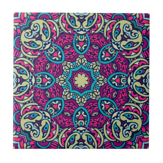 Aquamarin, Magenta, Gold und Olivenöl Boho Mandala Fliese (Vorderseite)