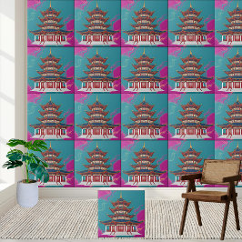 Aquamarin & Magenta Orientale Pagoda Chinoiserie T Fliese