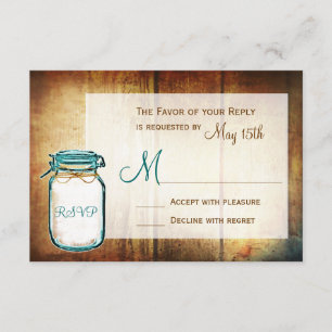 Aquamarin Mason Jar Barn Wood Rustic Wedding RSVP  Karte
