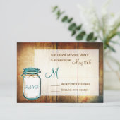 Aquamarin Mason Jar Barn Wood Rustic Wedding RSVP  Karte (Stehend Vorderseite)