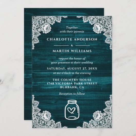 Aquamarin Mason Jar Floral Lace Rustikale Holzhoch Einladung (Vorne/Hinten)