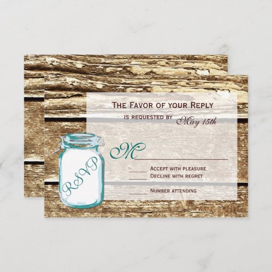 Aquamarin Mason Jar Rustic Barn Wood Wedding RSVP (Vorne/Hinten)