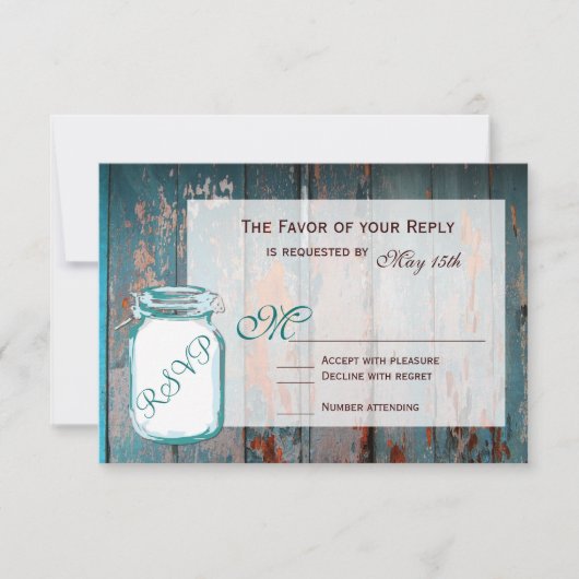 Aquamarin Mason Jar Rustic Barn Wood Wedding RSVP (Vorderseite)