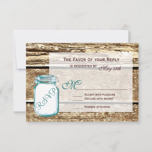 Aquamarin Mason Jar Rustic Barn Wood Wedding RSVP  Karte (Vorderseite)