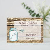 Aquamarin Mason Jar Rustic Barn Wood Wedding RSVP  Karte (Stehend Vorderseite)