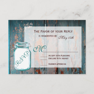 Aquamarin Mason Jar Rustic Barn Wood Wedding RSVP Karte