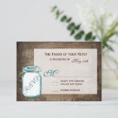 Aquamarin Mason Jar Rustic Brown Wedding RSVP Card (Stehend Vorderseite)