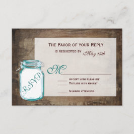 Aquamarin Mason Jar Rustic Brown Wedding RSVP Card Karte