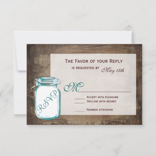Aquamarin Mason Jar Rustic Brown Wedding RSVP Card Karte (Vorderseite)